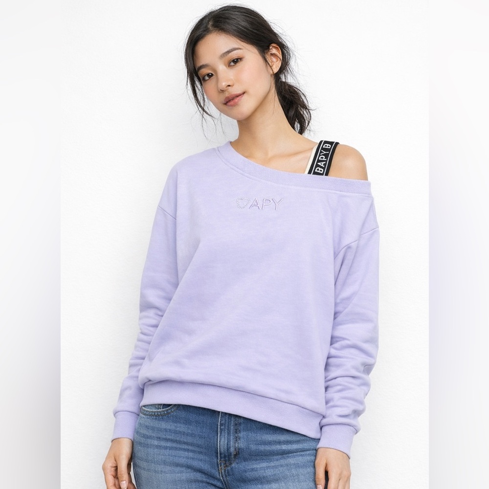 BAPY Lavender Off Shoulder Oversized Sweatshirt Pullover Size S NWT